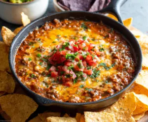 Creamy hamburger meat dip served with fresh tortilla chips, perfect for appetizers.