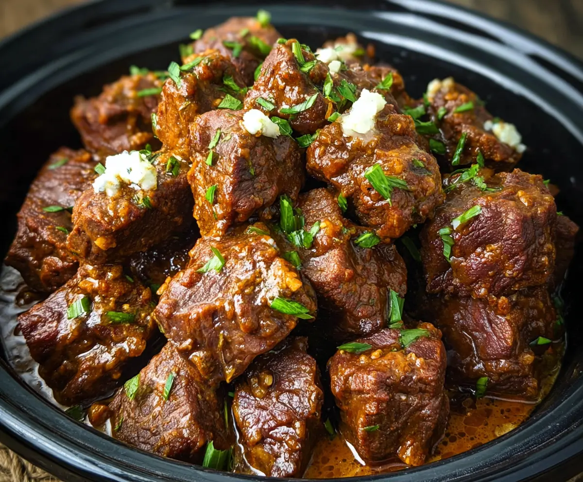 Delicious high protein slow cooker garlic butter beef bites served on a plate
