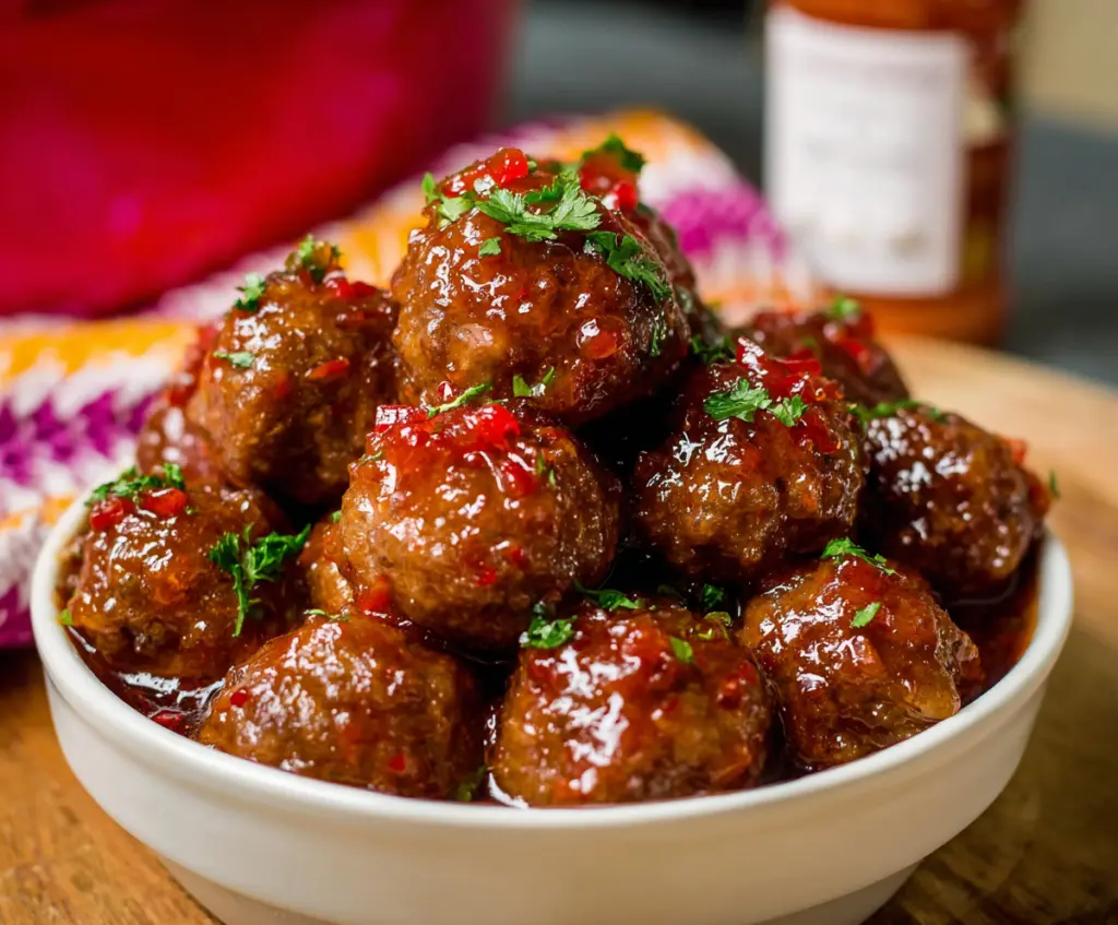 Delicious hot pepper jelly meatballs glazed with spicy sauce served on a plate