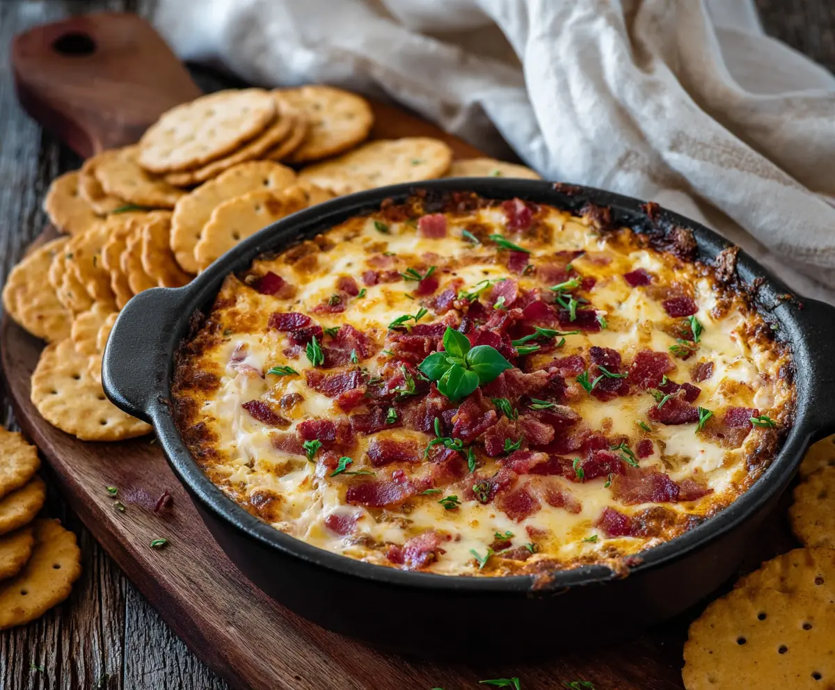 Delicious hot smoked Gouda bacon dip served in a bowl, perfect for parties and appetizers.