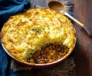 Delicious Irish Cottage Pie with a savory beef and vegetable filling topped with mashed potatoes.
