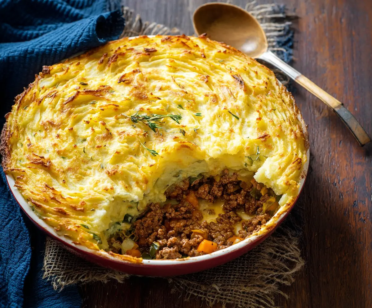 Delicious Irish Cottage Pie with a savory beef and vegetable filling topped with mashed potatoes.