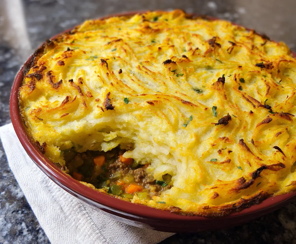 Delicious Irish Shepherd's Pie with a golden mashed potato topping and savory meat filling.