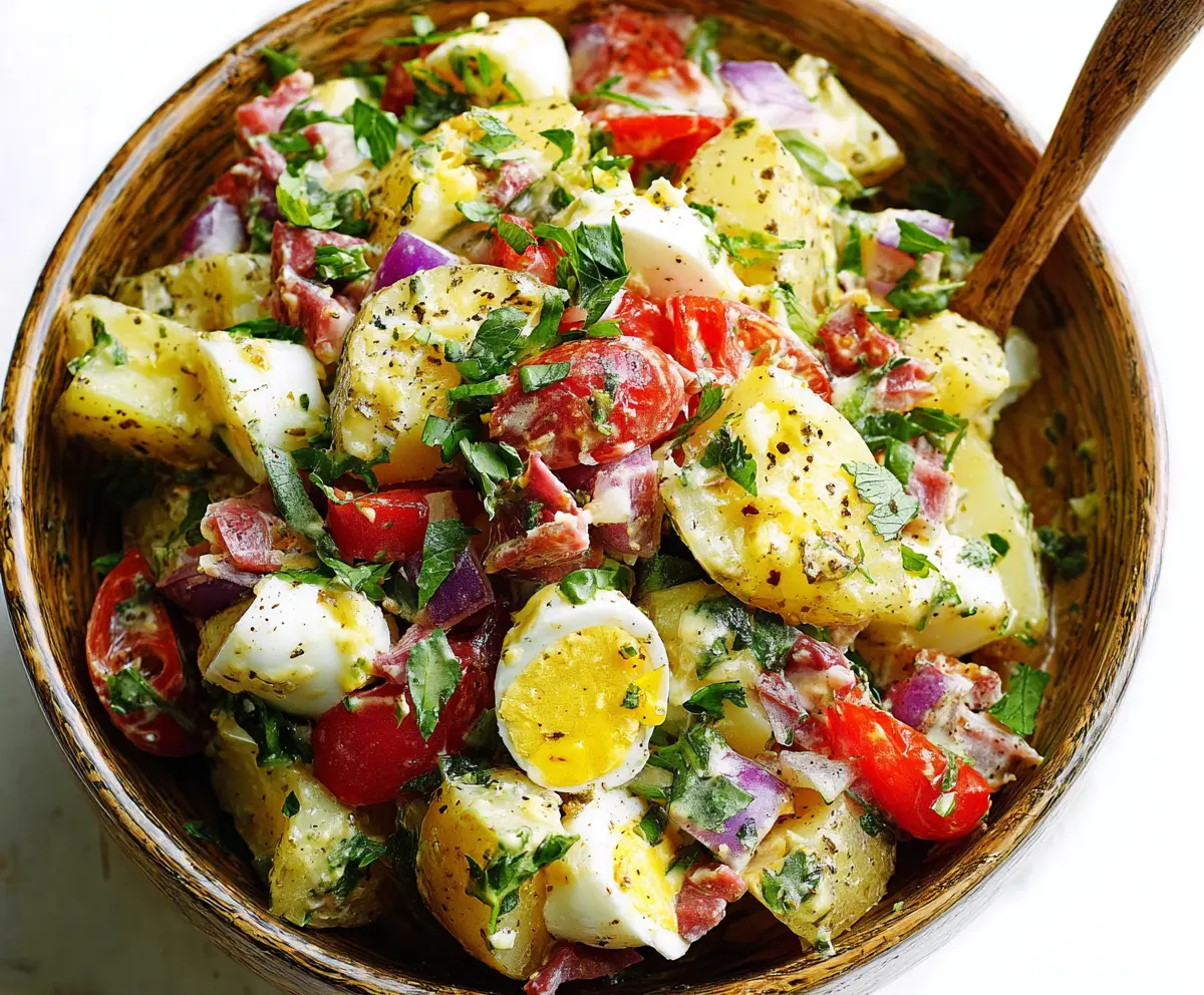 Delicious Italian Easter potato salad with fresh herbs and colorful vegetables.