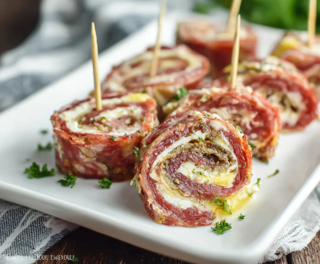 Delicious keto salami roll-ups with cream cheese and herbs on a white plate.