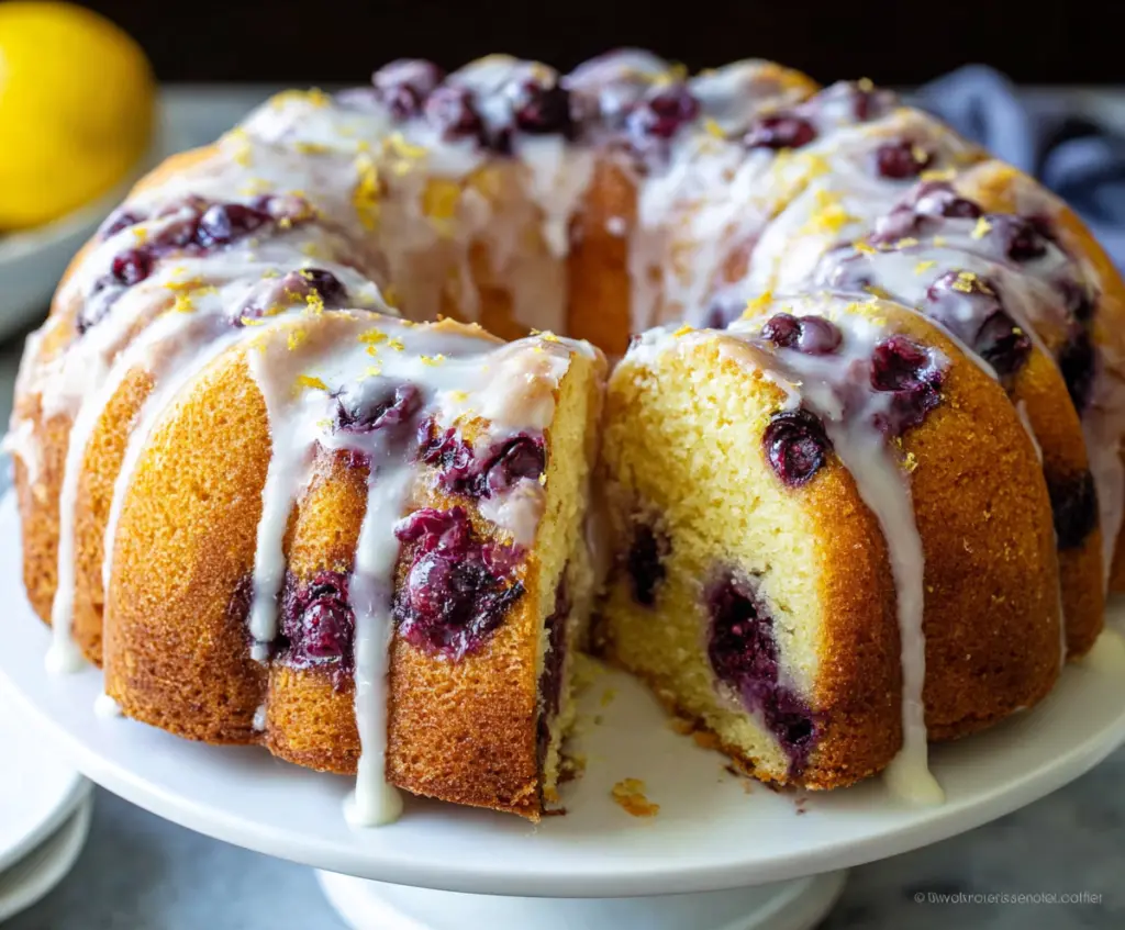 Delicious Lemon Blueberry Bundt Cake topped with fresh blueberries and lemon slices.