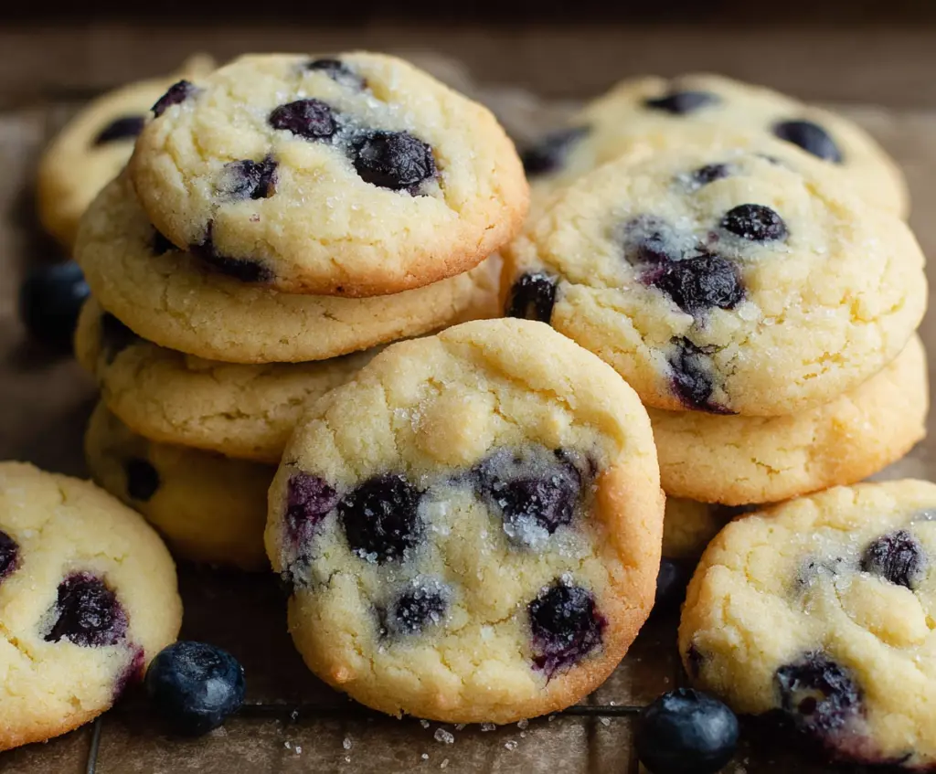 Delicious Lemon Blueberry Cookies on a plate with fresh blueberries and lemon slices