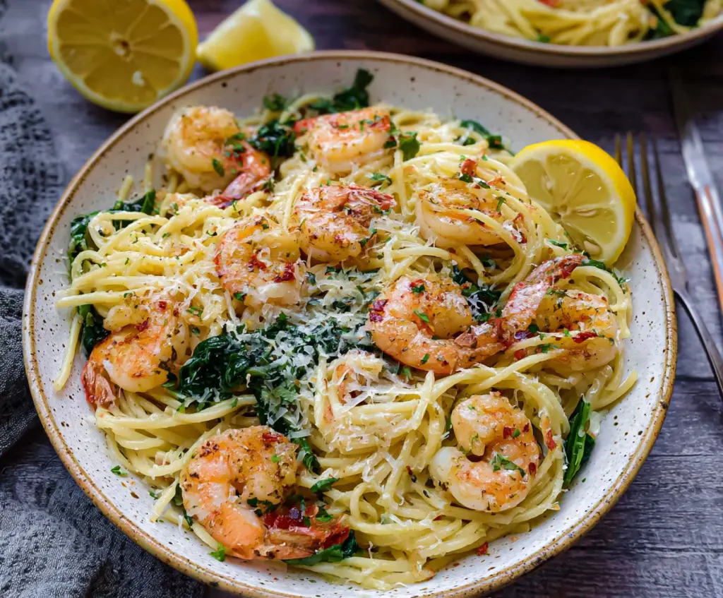 Delicious Lemon Garlic Shrimp Pasta served on a white plate with fresh herbs.