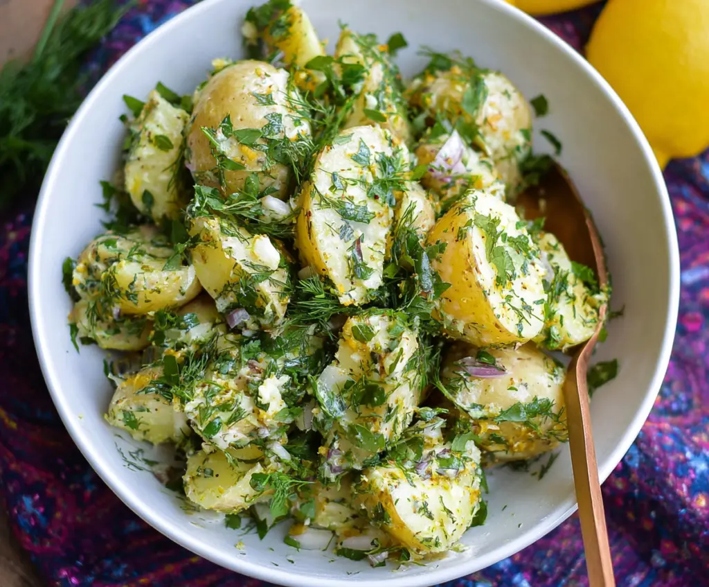 Refreshing lemon herb potato salad with fresh herbs and vibrant flavors
