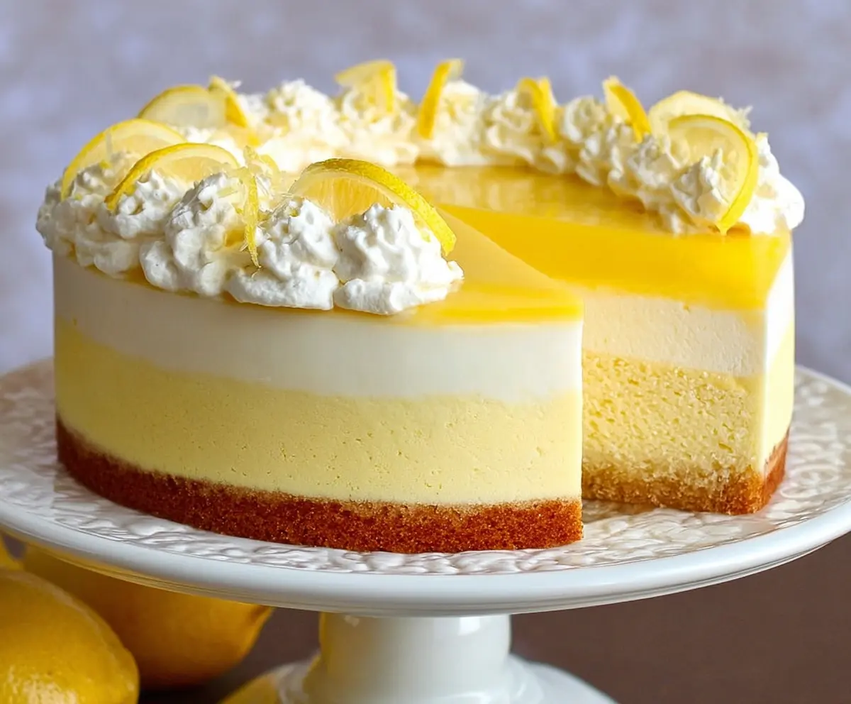 Delicious Lemon Mousse Cake with a fluffy texture and fresh lemon slices on top.