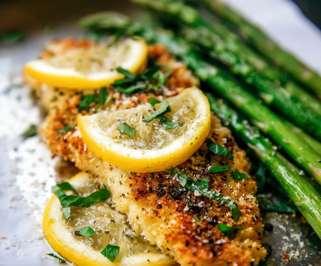 Delicious Lemon Parmesan Chicken served with fresh asparagus on a white plate.