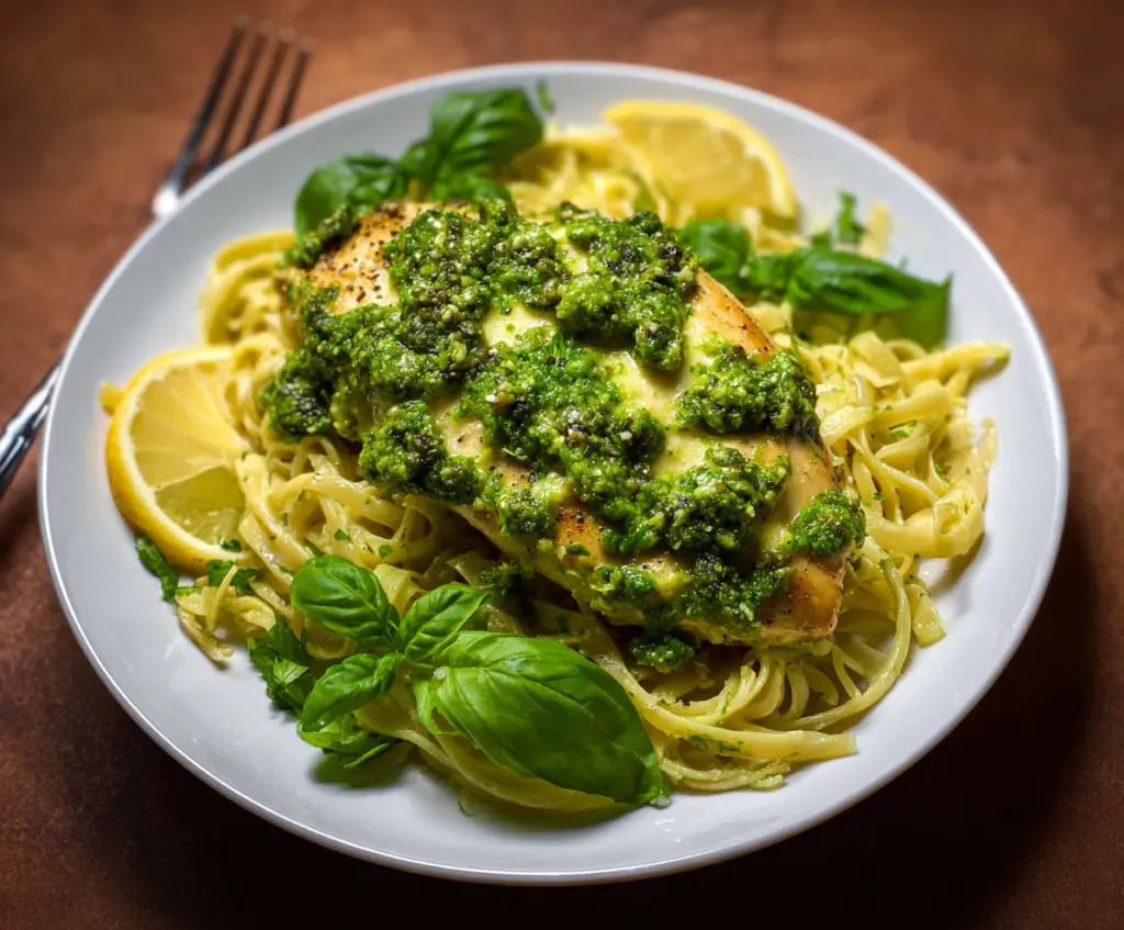 Succulent lemon pesto chicken served with fresh herbs and lemon slices.