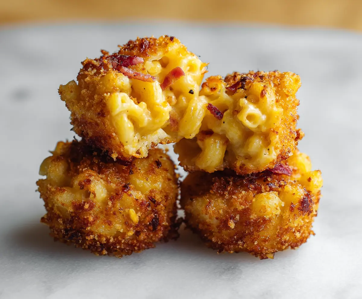 Golden crispy macaroni and cheese bites served on a plate, perfect for snack or appetizer.