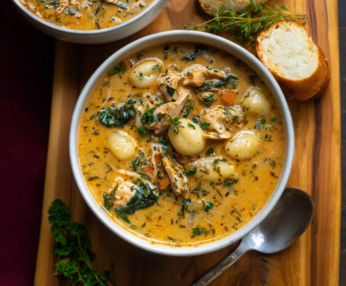 Creamy Marry Me Tuscan Chicken Gnocchi Soup in a bowl with fresh herbs