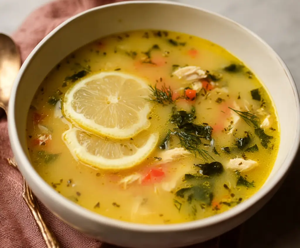 Hearty Mediterranean Lemon Chicken Soup in a bowl, garnished with fresh herbs and lemon slices