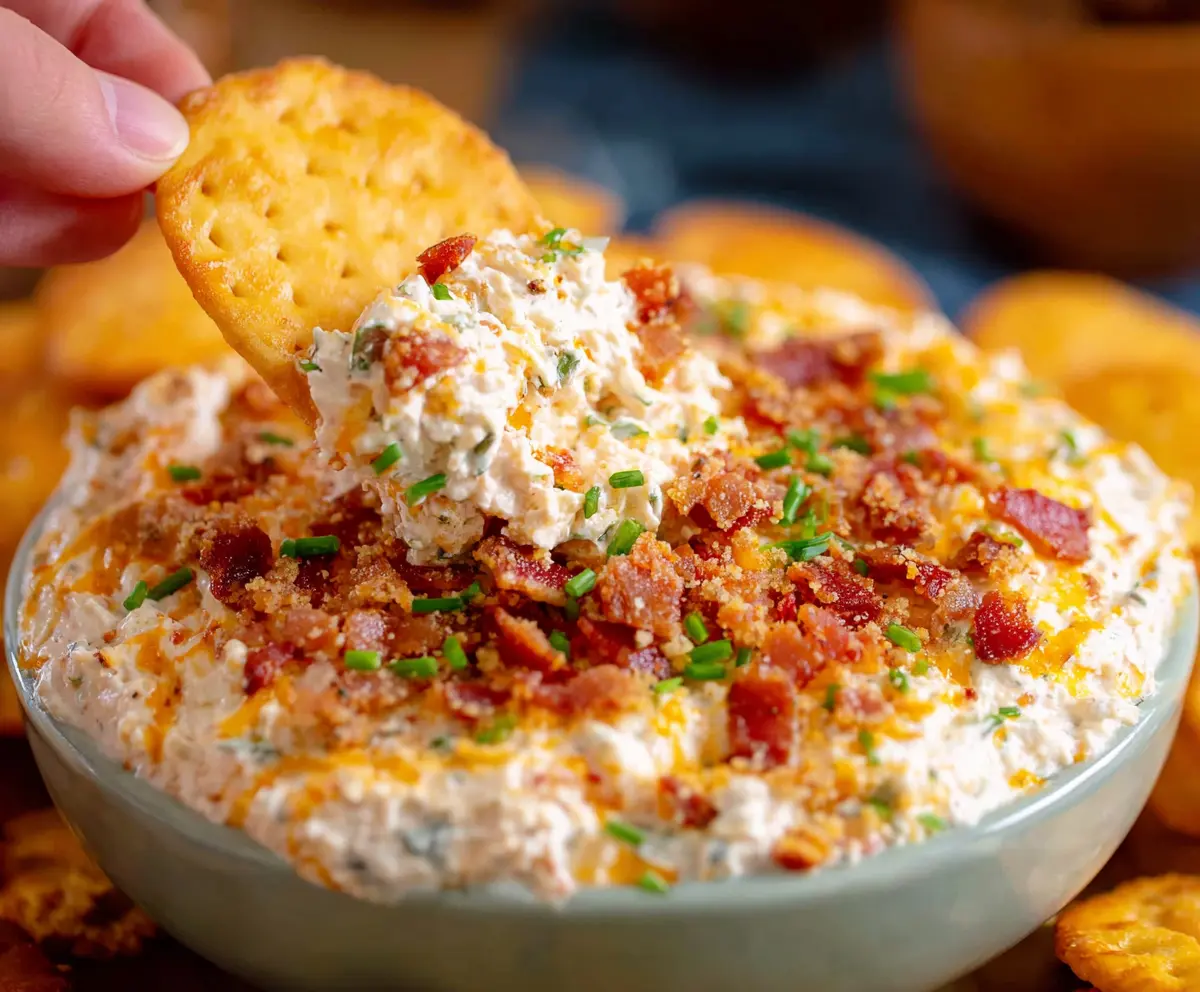 Creamy Million Dollar Crack Dip garnished with shredded cheese and chopped herbs on a serving platter.