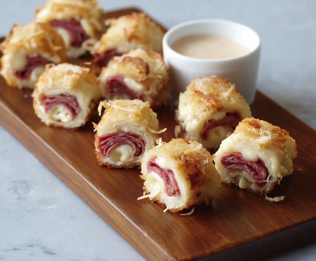 Delicious Mini Reuben Bites with corned beef, sauerkraut, and Swiss cheese served on rye crackers.
