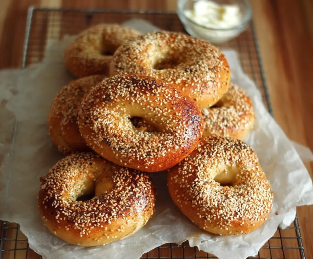 Freshly baked Montreal Style Bagels with a golden crust and chewy interior on a baking tray.