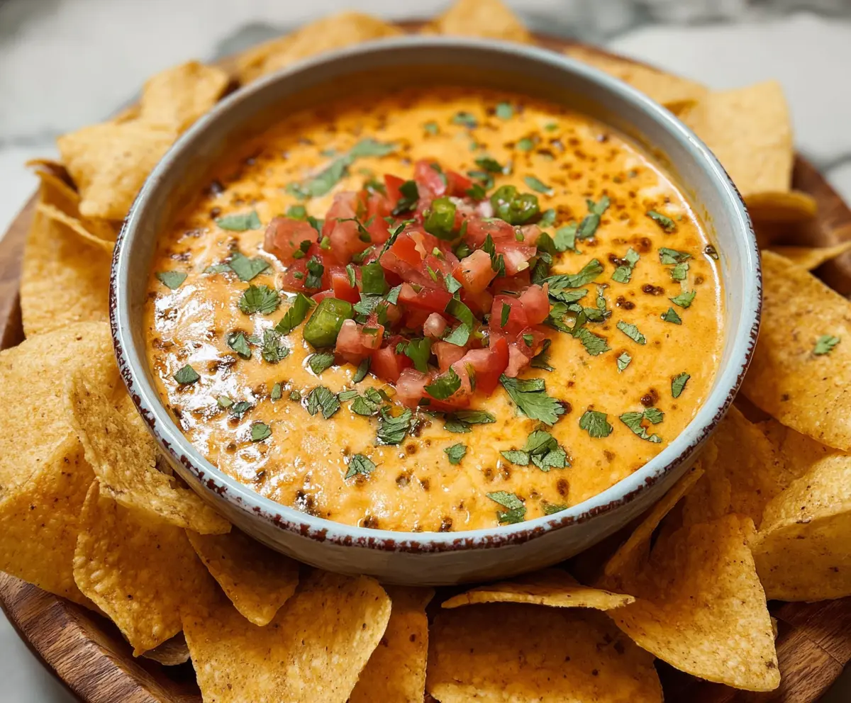 Creamy nacho dip topped with melted cheese, jalapenos, and diced tomatoes, perfect for snacking.