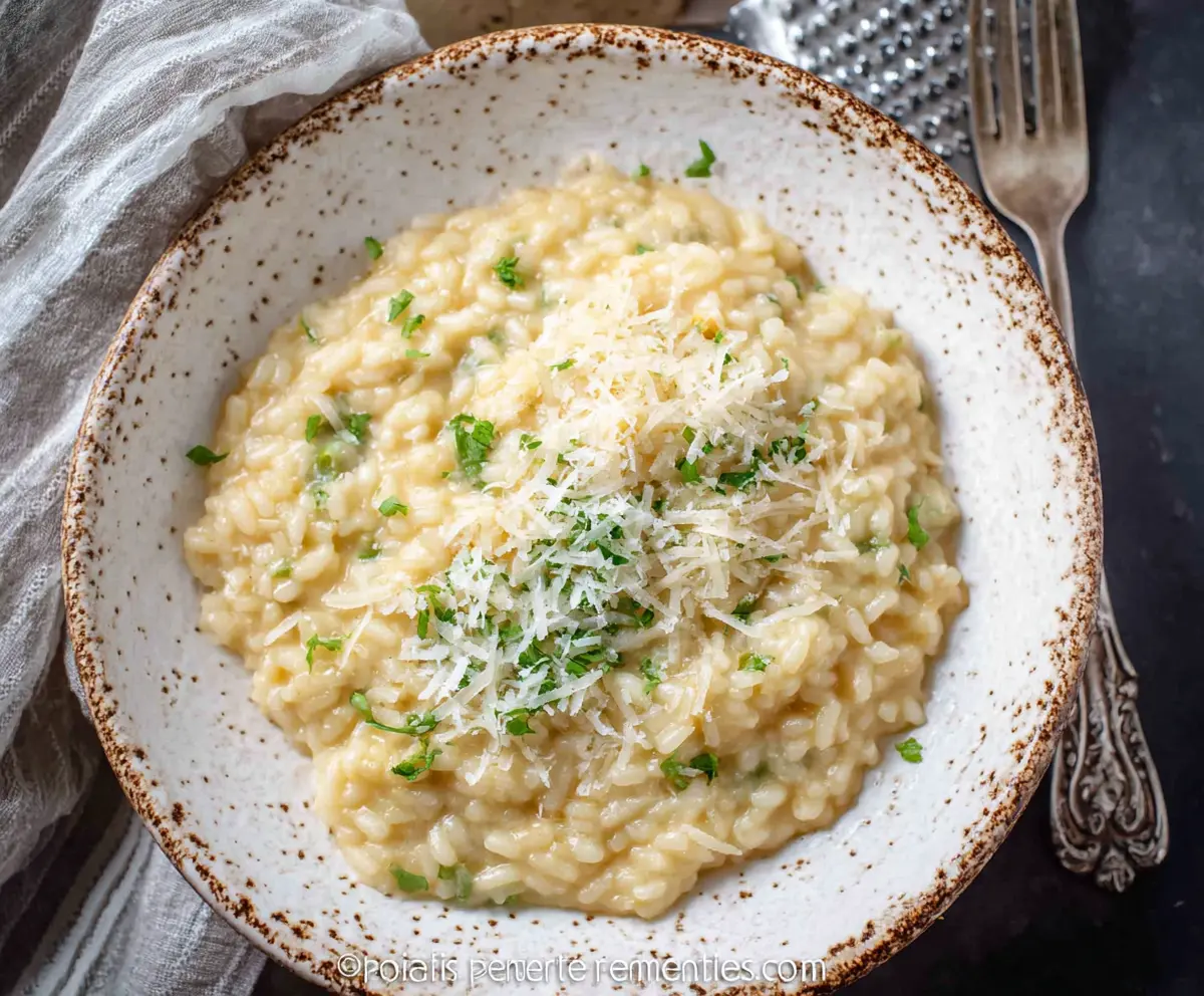 Creamy Parmesan Risotto served in a white bowl with fresh herbs on top, perfect for a comforting meal.