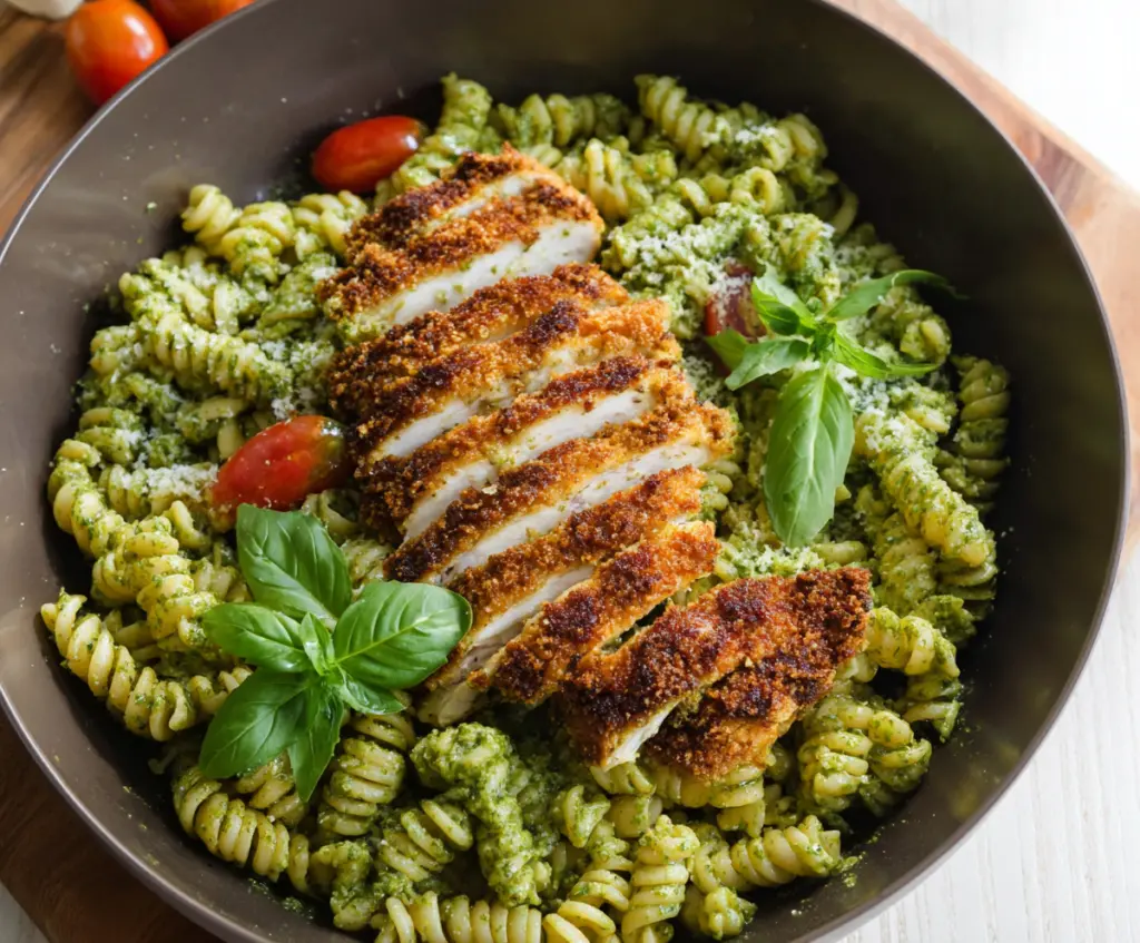 Delicious pesto pasta topped with crispy Parmesan chicken pieces for a flavorful Italian dish.