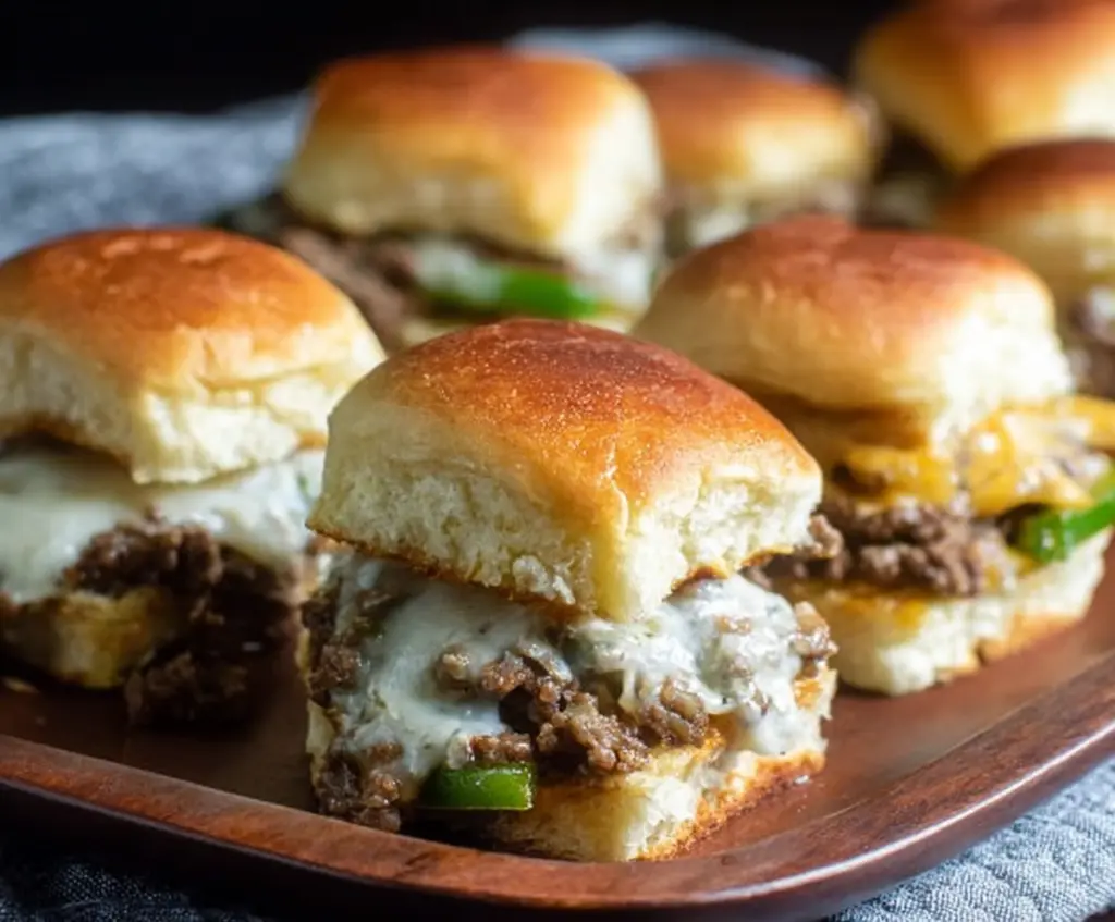 Delicious Philly Cheesesteak Sliders with Ground Beef in a baking dish ready to serve.