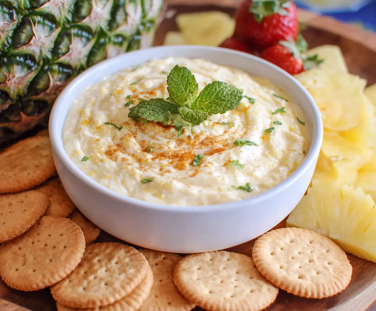 Delicious pineapple dip served with fresh fruit and crackers, perfect for gatherings.