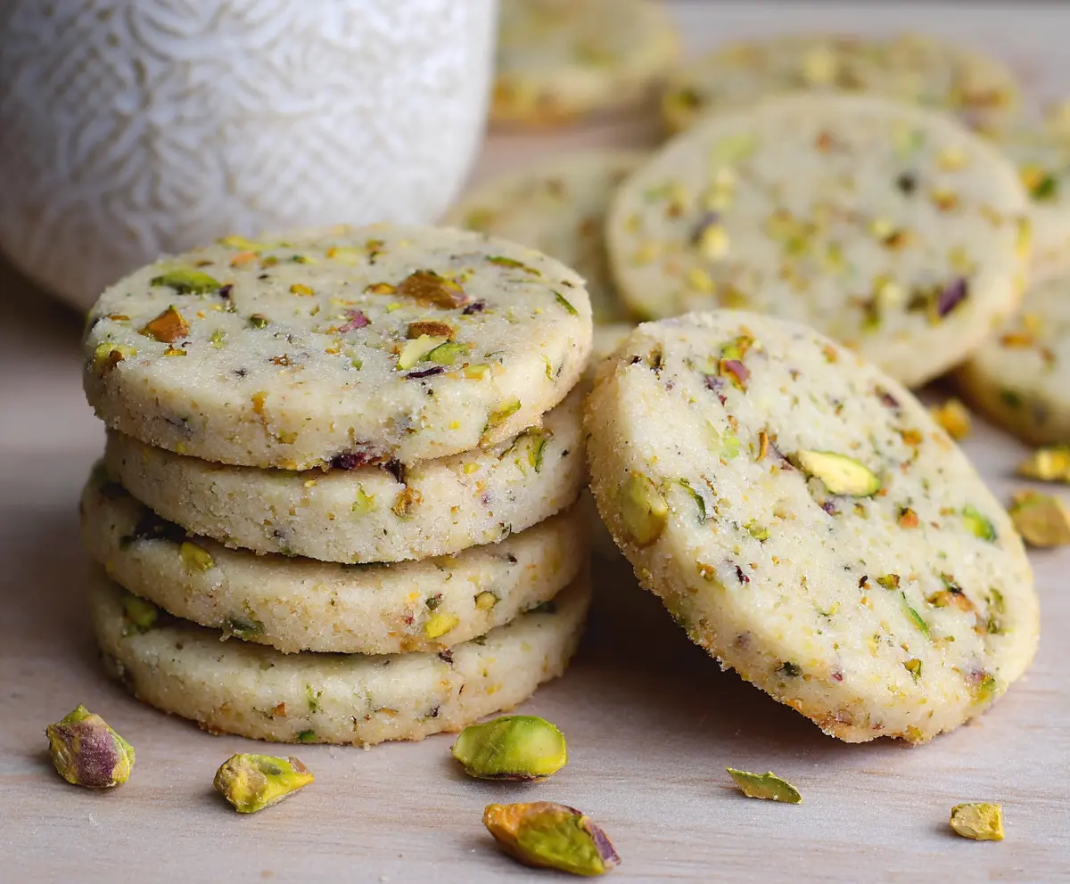 Delicious homemade pistachio shortbread cookies with a crispy texture and vibrant green color.