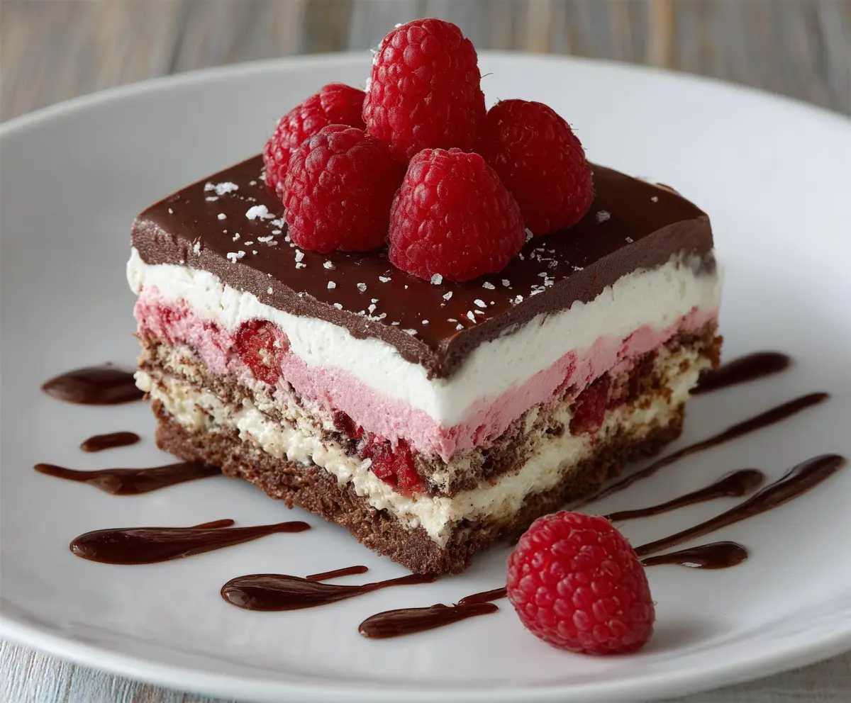 Delicious Raspberry Chocolate Lasagna with layers of fresh raspberries and rich chocolate dessert
