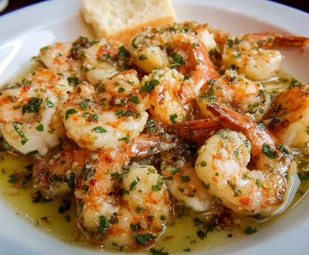 Delicious Red Lobster Shrimp Scampi served with fresh herbs on a plate