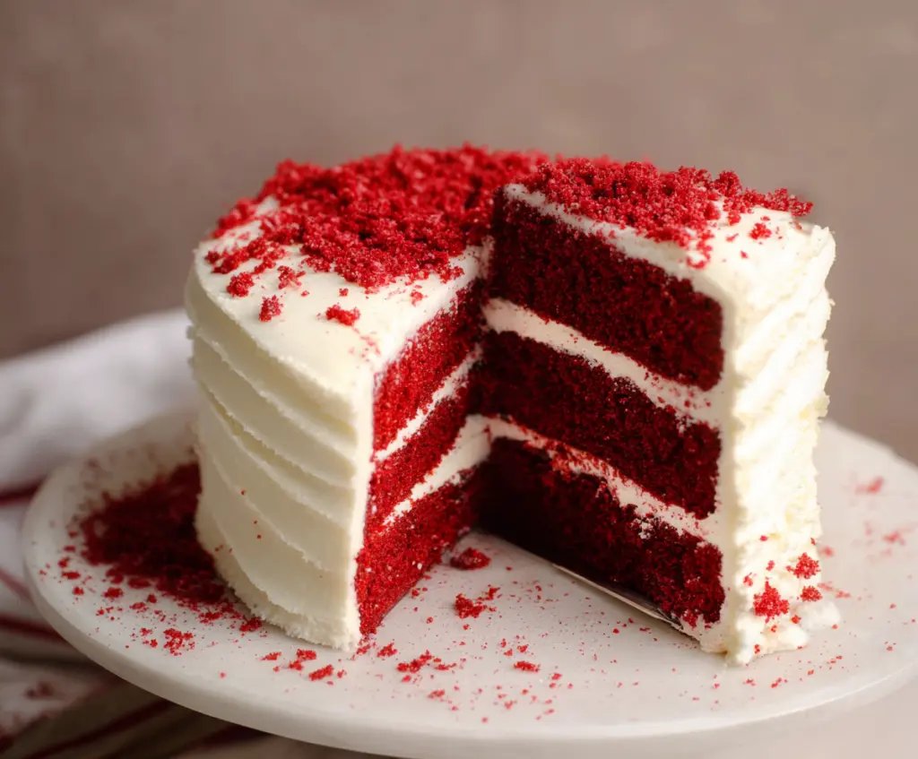 Delicious homemade red velvet cake with cream cheese frosting, perfect for celebrations