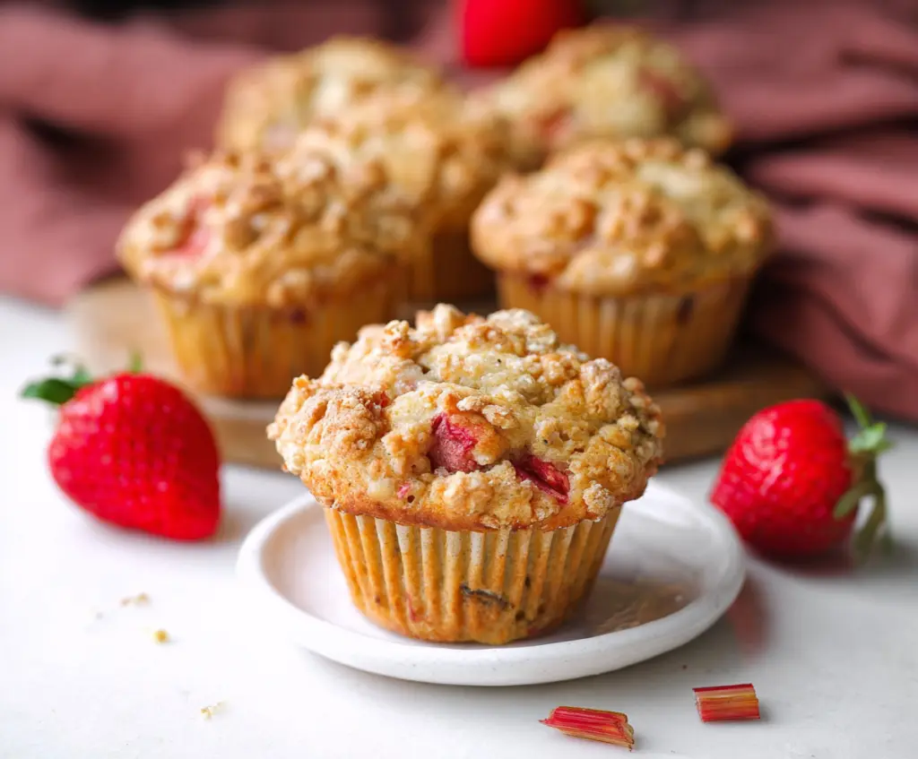 Delicious homemade rhubarb strawberry muffins on a baking tray, fresh and ready to enjoy.