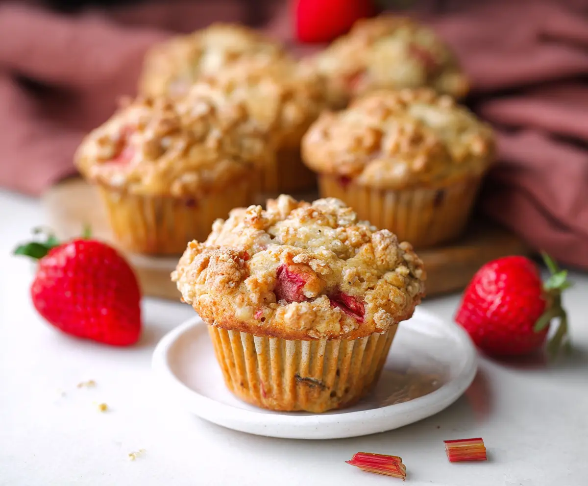 Delicious homemade rhubarb strawberry muffins on a baking tray, fresh and ready to enjoy.