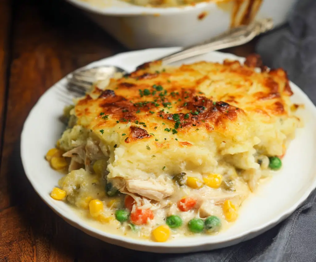 Delicious rotisserie chicken shepherd's pie topped with golden mashed potatoes and fresh herbs.