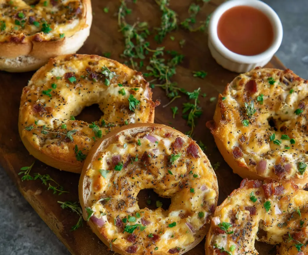 Delicious savory quiche stuffed bagels with crispy crust and cheesy filling, perfect for breakfast or brunch.
