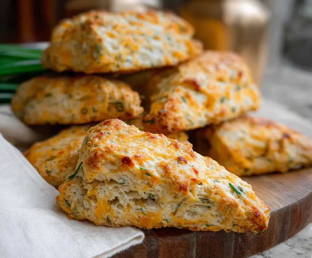 Golden Sharp Cheddar and Chive Sourdough Scones fresh out of the oven, showcasing their crispy crust and cheesy interior.