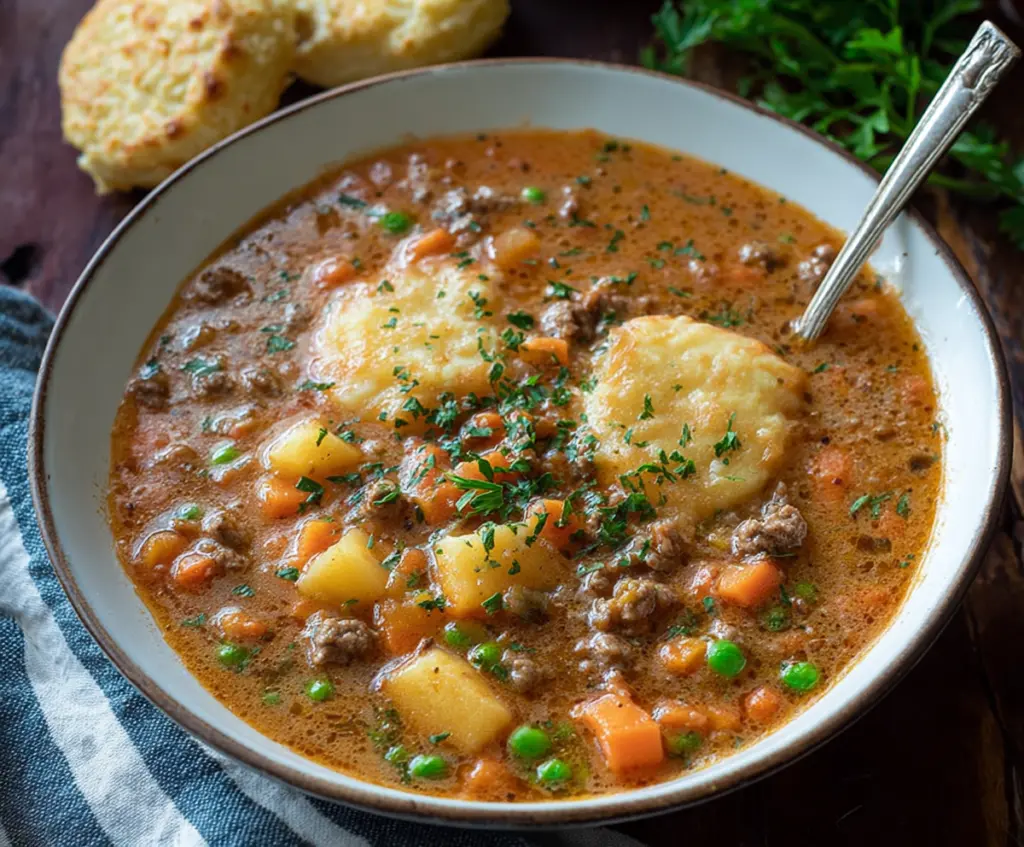 Warm Shepherd's Pie Soup served in a bowl with crumbled cheese and fresh herbs, perfect for a comforting meal.