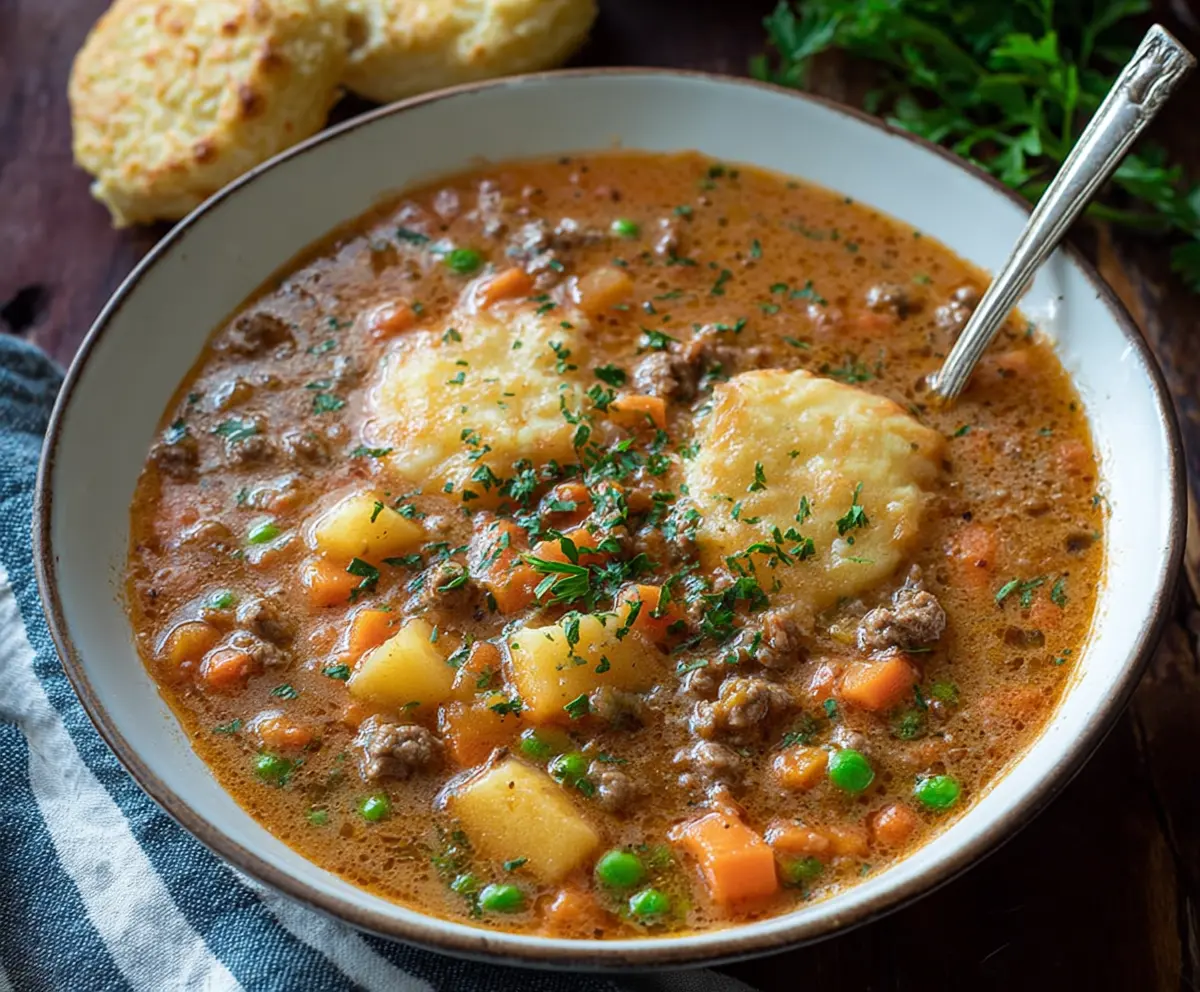 Warm Shepherd's Pie Soup served in a bowl with crumbled cheese and fresh herbs, perfect for a comforting meal.