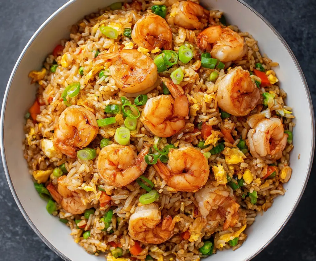 Delicious shrimp fried rice served with fresh vegetables and garnished with green onions.