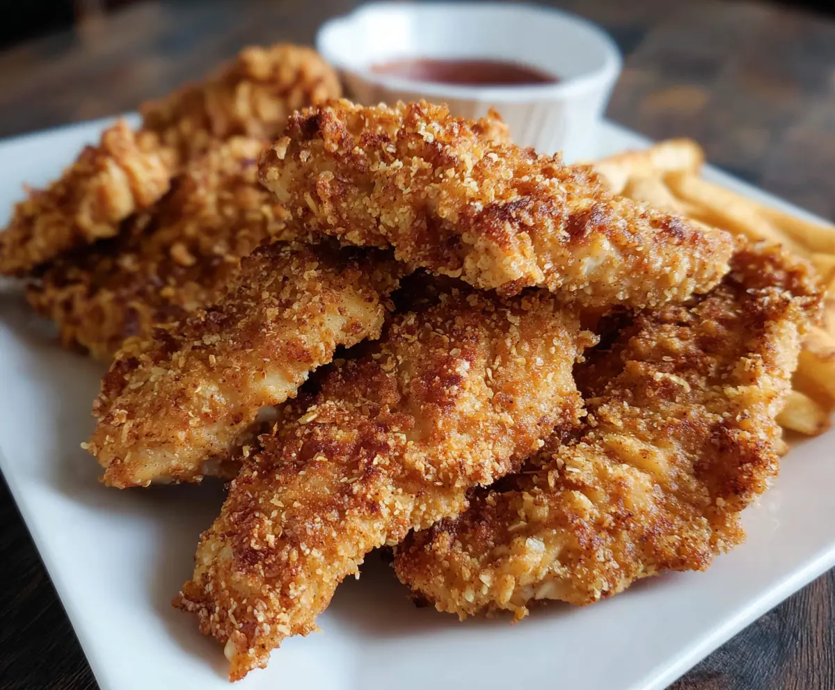 Crispy sourdough discard chicken strips served on a plate with dipping sauce.