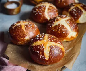 Homemade sourdough discard pretzel buns on a baking tray ready to bake