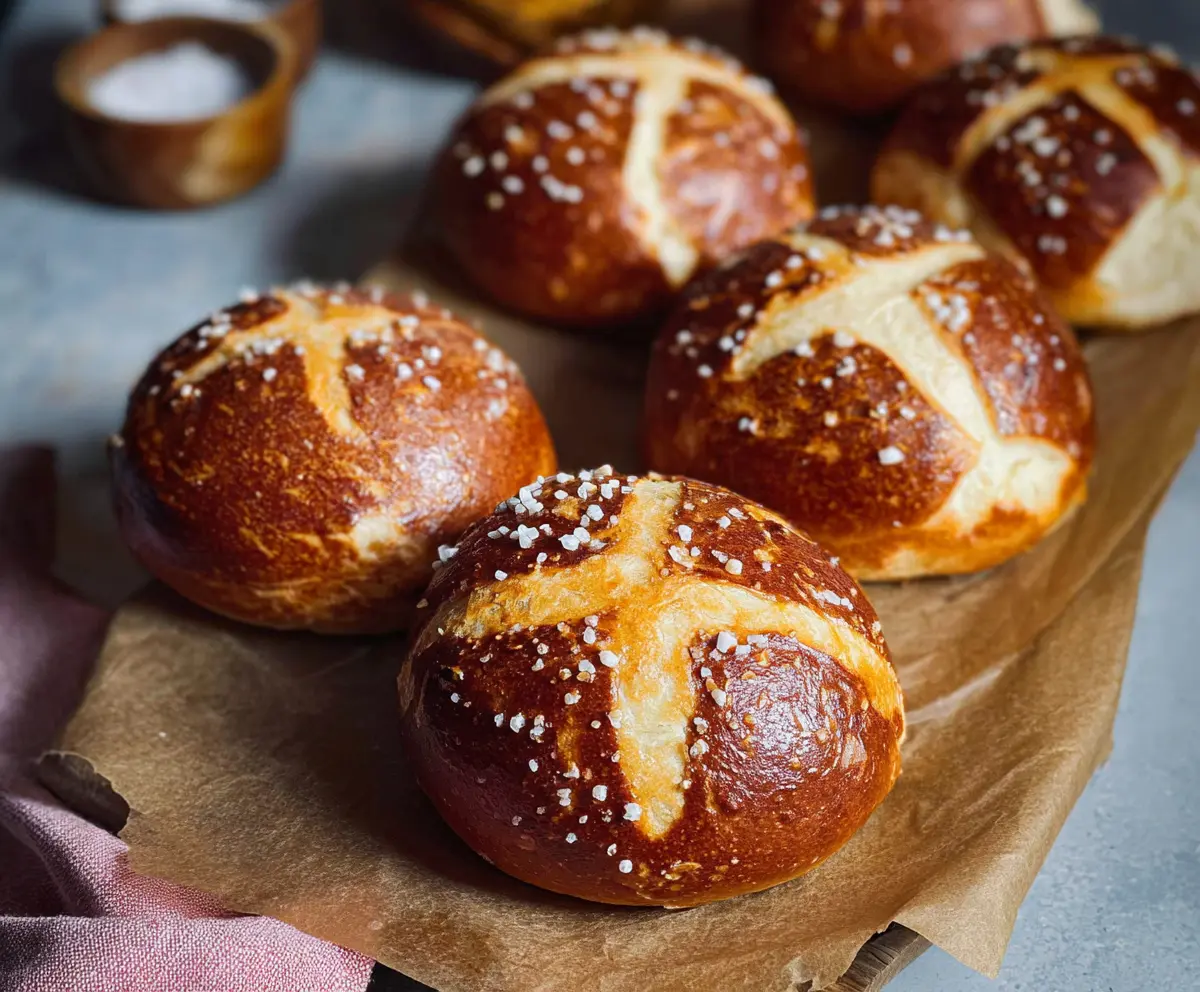 Homemade sourdough discard pretzel buns on a baking tray ready to bake