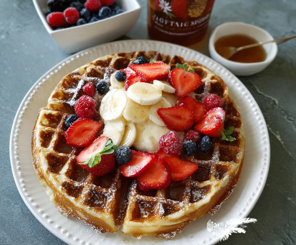 Golden brown sourdough discard waffles topped with fresh berries and syrup.