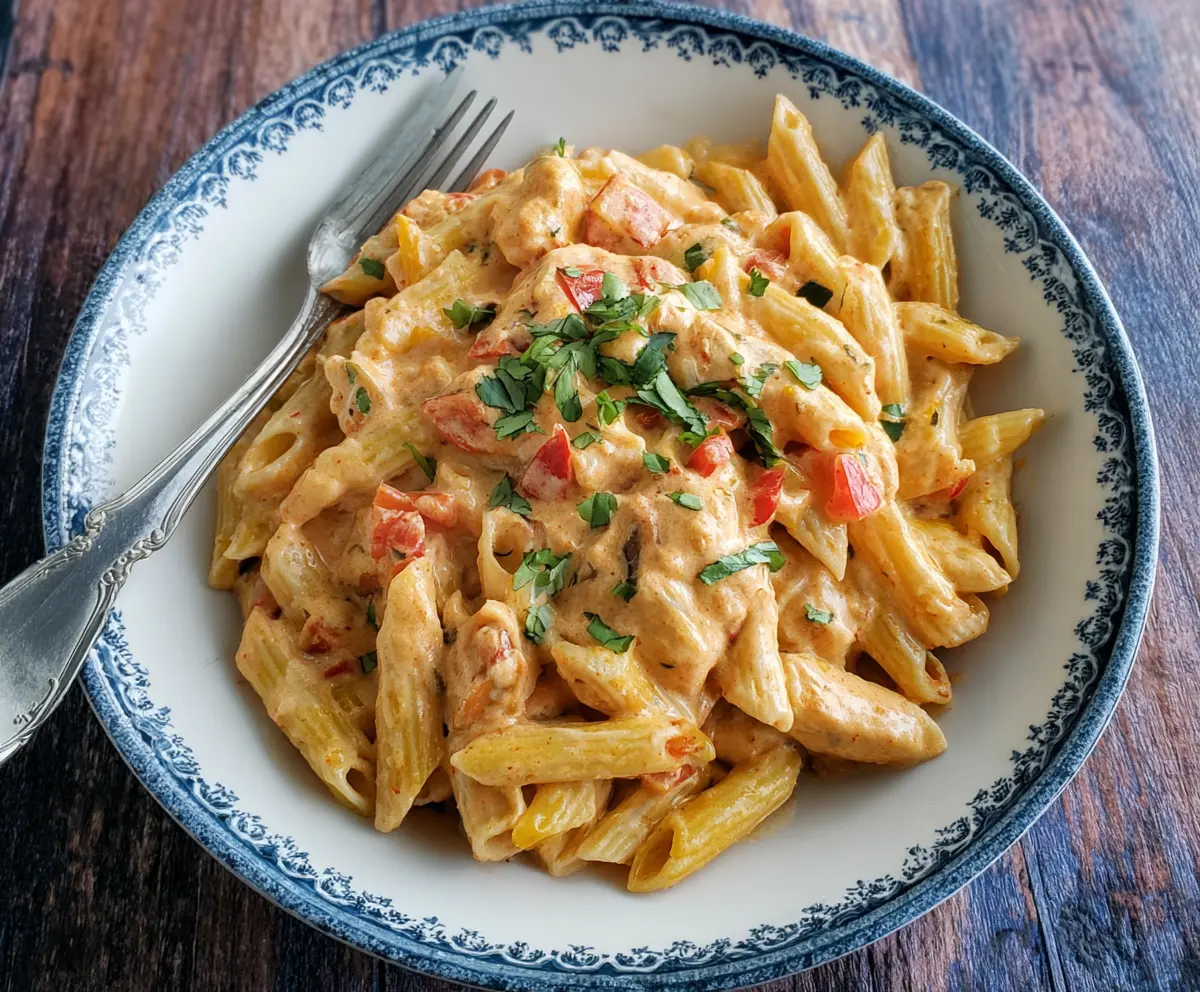 Creamy Southwest Alfredo Penne Pasta with chicken and colorful peppers on a plate
