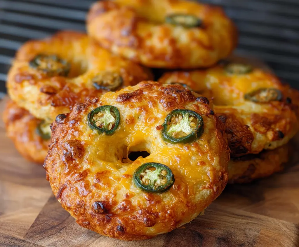 Delicious Spicy Jalapeño Cheddar Bagels topped with melted cheese and fresh jalapeños