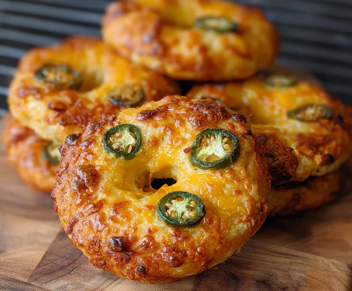 Delicious Spicy Jalapeño Cheddar Bagels topped with melted cheese and fresh jalapeños