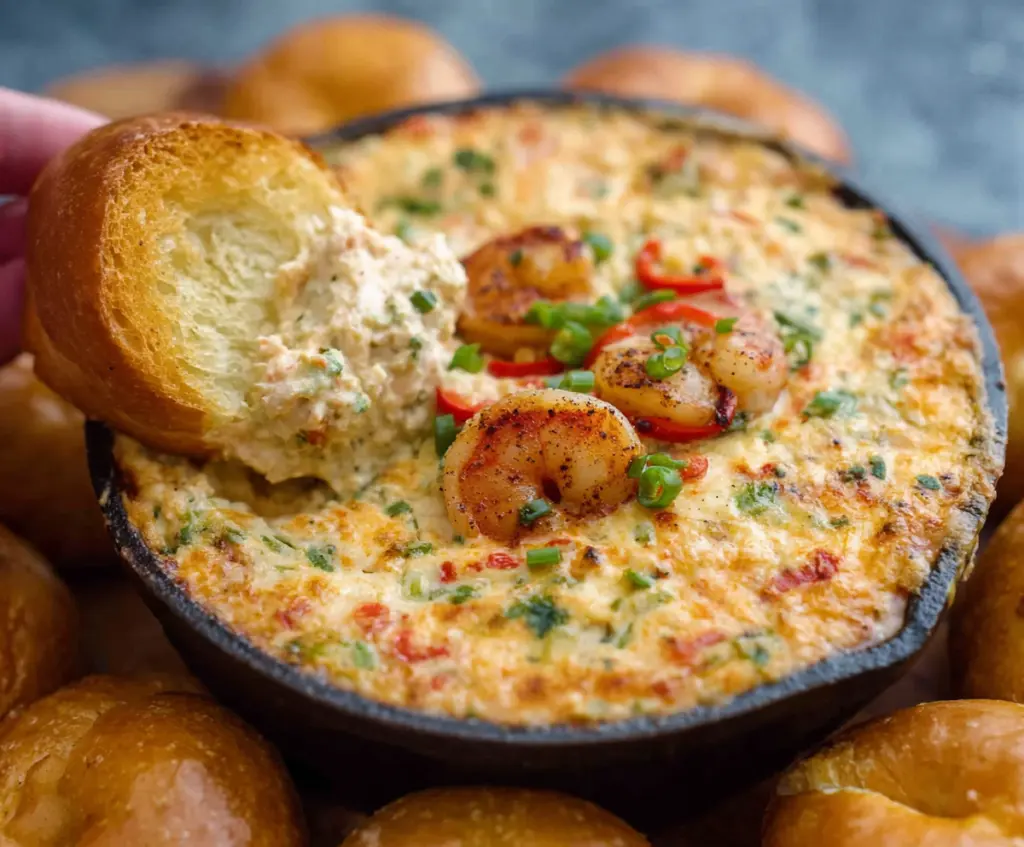 Delicious spicy Louisiana shrimp dip served in a bowl garnished with cilantro and lemon slices.