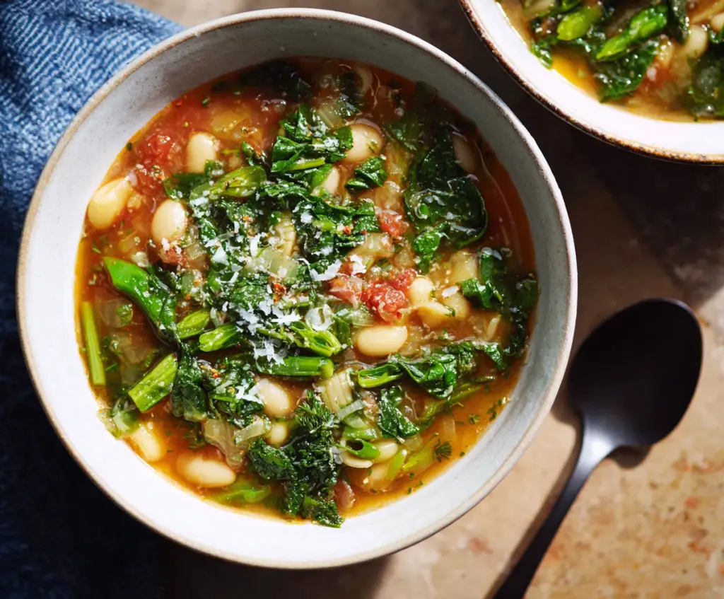 Fresh Spring Minestrone Soup in a bowl with colorful vegetables and herbs, ideal for healthy eating.