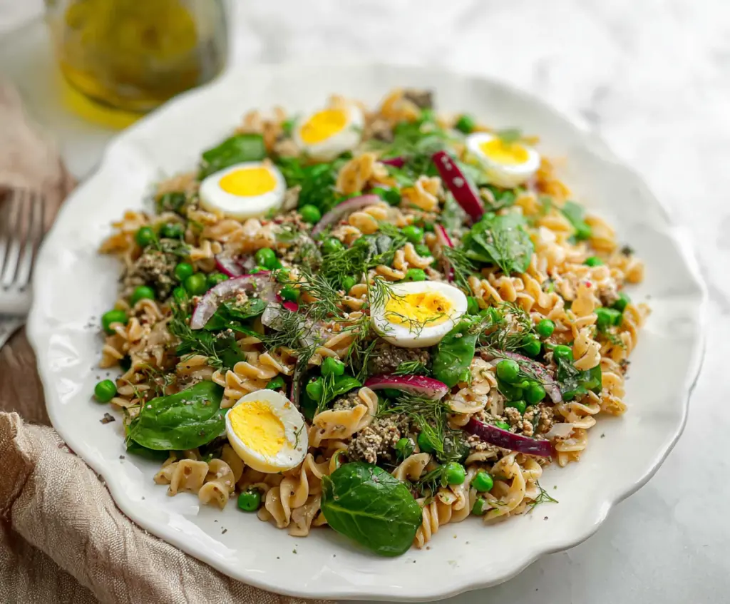 Colorful spring pasta salad with fresh vegetables and grilled chicken for a protein-packed meal.