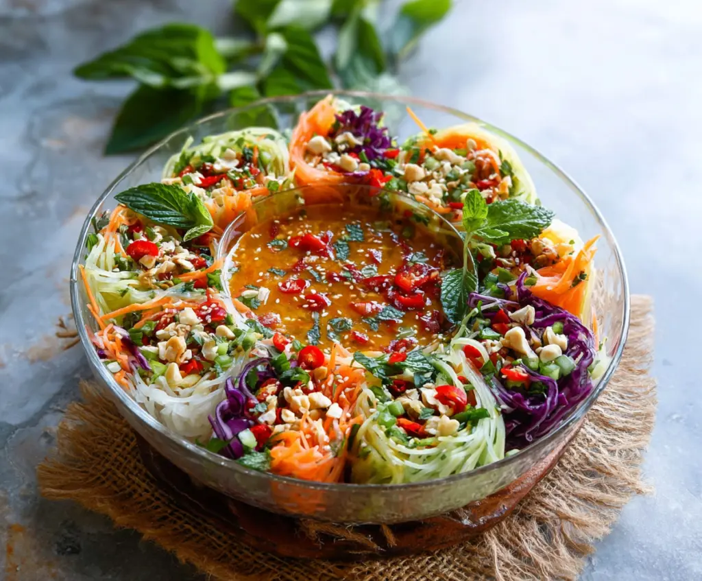 Fresh spring roll salad topped with colorful vegetables and herbs, drizzled with spicy ginger dressing